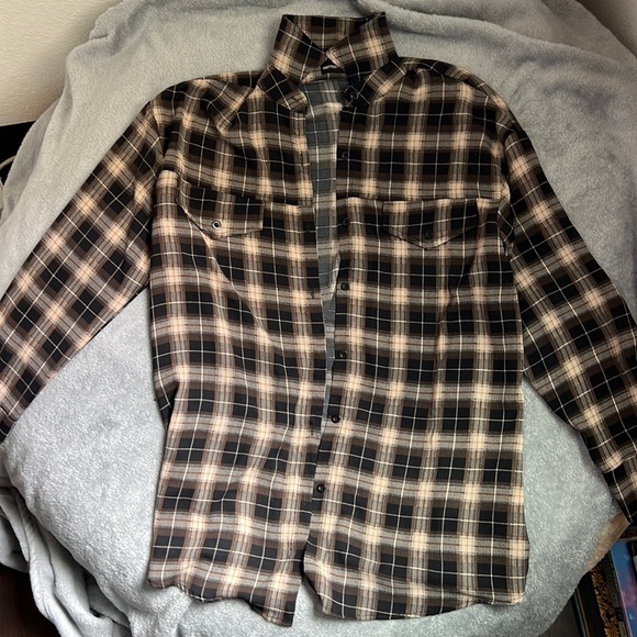 Brown Button Sleeve Collar Multi Color Plaid Top